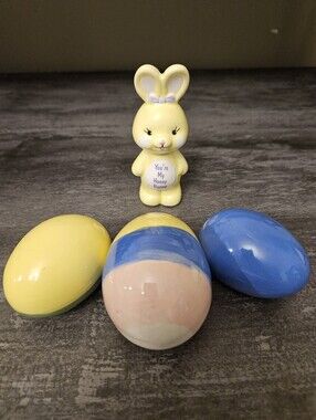 Vintage Ceramic Hand-Painted Decorative Eggs - Set of 3 & Russ Ceramic Bunny